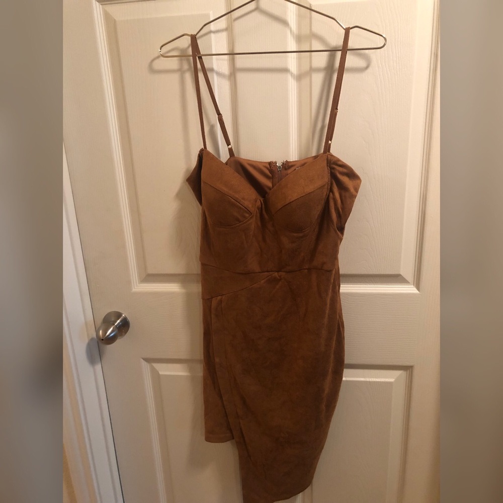 Fashion Nova camel suede strapless dress
